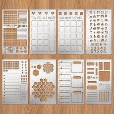 Eageus 금속 스텐실 8개 목재 연소 레터링 스텐실 저널링용 재사용 가능한 페인팅 템플릿 나무 조각 드로잉 저널 공예 DIY(저널 스타일), Eageus 금속 스텐실 8개, 목재 연소 레터링 스텐