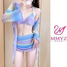 比基尼長袖罩衫裙款三件套 性感度假溫泉泳裝, 63001藍色,M【適合47.5-52.5公斤】