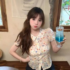 투니스 여성 플라워 반소매 블라우스 러블리 슬림핏 셔츠