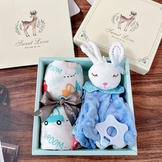 精美彌月禮盒套裝：紗布巾、大象玩偶、固齒器、安撫巾，新生兒寶寶生日禮物首選, 竹纖紗彌月禮盒【車車+藍色小兔安撫娃娃】安撫娃娃, 1個