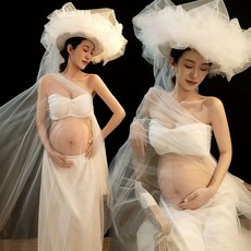 블랙 만삭 촬영 베이지 반목 화보 셀프 사진 임부복, 플로럴 랩드레스 모자 포함