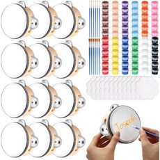 조이포크 12세트 아크릴 페인트 브러시 및 팔레트가 포함된 4인치 탬버린 드럼 벌크 DIY 우드 메탈 징글 악기 타악기 선물 교회 결혼식 파티 게임용, 4 Inch