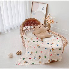 寶貝不無聊 全棉透氣薄毯 遮陽毯 透氣棉質紗布 寶寶外出棉毯 嬰兒兒童新生兒蓋毯, 字母熊, 白色