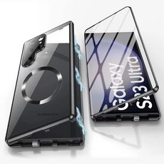 三星 Galaxy S23Ultra 磁性保護殼 金屬鋁合金全包屏幕玻璃保護殼, 1個, black,Samsung S23Ultra
