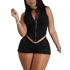 LovelyWholesale 여성용 섹시 클럽 의상 집업 크롭 탱크 탑 및 반바지 세트 블랙. M