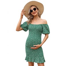 [ 676051 ] FUNJULY 여성용 임산부 러플 밑단 머메이드 베이비 샤워 드레스 스퀘어 넥 퍼프 슬리브 오프 숄더 여름 드레스 그린 S 초록색