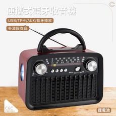 復古藍牙收音機 USB/TF/AUX 播放 多波段收音, 紅金屬(內附充電線)