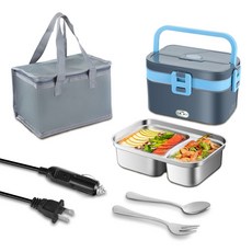 家車載兩用電熱飯盒, 深藍色分格內膽保溫袋 不鏽鋼內膽12V24V車載110V臺灣可用, 1個
