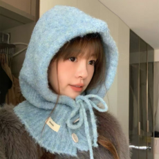 스멜모리 몽글몽글 버튼 스트링 니트 바라클라바 후드 넥워머, 블루, 1개