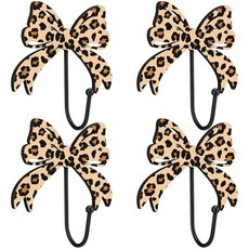 Junkin 레오파드 보우 벽 후크 4개 브라운 치타 보우 코트 후크 걸이 코트 모자 타월 가운 지갑 열쇠 침실 욕실용 금속 코케트 방 장식, Junkin 레오파드 보우 벽 후크 4개, 브라운 치타