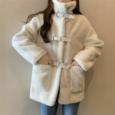 Vezri 남녀공용 인조 양털 중기장 겨울 코트 심플 디자인 포켓 장식 방한용