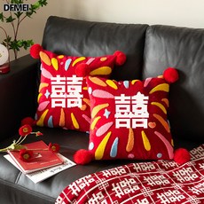 結婚抱枕一對喜慶紅色客廳沙發新婚喜字靠枕婚慶靠墊婚房佈置批發, 煙花喜【1個】