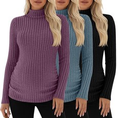 Xaatren 3팩 여성용 임산부 셔츠 터틀넥 긴소매 스웨터 사이드 주름 장식 슬림 티 골지 베이직 탑 퍼플 블루 블랙 L 106229