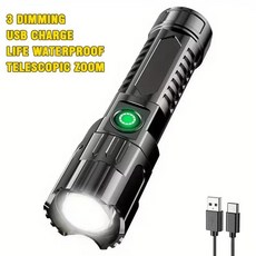 다기능 야외 강광 LED 장거리 텔레스코픽 줌 손전등 알루미늄 합금 USB 충전식 손전등 1PC, 01 no battery, 발광 색상: 1. A-no battery, 1개