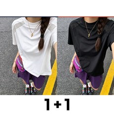 1+1 메인워크 빅사이즈 여성 스포츠 반팔 티셔츠 여름 냉장고 속건 쿨링 스판 얇은 라운드 오버핏 데일리 캐주얼 등산 추리닝 운동상의2매입