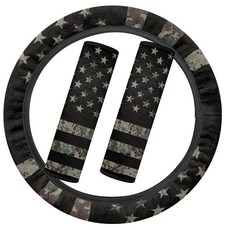 SEANATIVE 블랙 미국 국기 플란넬 자동차 액세서리 세트 푹신하고 신축성 있는 자동차 스티어링 휠 커버 두껍고 따뜻한 2피스 안전 벨트 커버 패드 자동 내부 겨울용, 카모 미국 국기