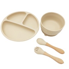 兒童吸附式餐盤餐具4件組, Milk Tea, 盤子+碗+湯匙+叉子