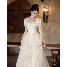 오프숄더 롱드레스 고급스러운 성인식 예술 공연, S, 샴페인