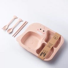 生活好物 創意恐龍卡通兒童餐具 兒童碗筷套裝 寶寶輔食碗 家用麥縴維盤子 塑料餐盤, 兒童餐盤四件套粉色, 1個