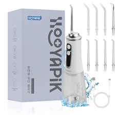 Hooyapik 치아청소기계 휴대용 구강세정기 초강력 배터리 9단계 세정모드 IPX7 방수+8개 노즐팁 D0051, 화이트, D0051(X7-B)