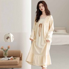 임산부 긴팔 잠옷 원피스 봄 가을 임부 레이스 장식 리본 실내복 원피스 임부용 순면 홈웨어 YLP