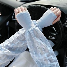 新款羅口袖防曬防紫外線騎行春夏仙女版寬鬆純色開車冰袖寬鬆舒適泡泡袖-藍色均碼, 1個, 均碼