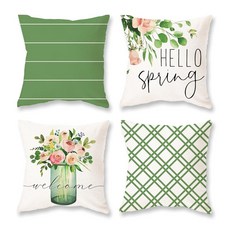 HOMFREEST Spring Pillow Covers 18x18 Inch Set of 4 Hello Spring Green Decorative Pillows Farmhouse