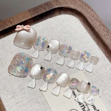 品牌美甲 粉霧星辰閃亮貓眼蝴蝶結純手工腳甲貼片, FNP019-S碼(實品拍攝), 1個