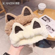 臺灣出貨【筱梔】毛絨貓耳朵可愛洗漱髮帶網紅髮套敷面膜束髮帶女士洗臉髮箍女, 1個, 【奶白+奶咖】兩件套