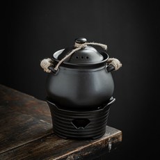 日式麻繩小砂鍋 一人享小火鍋 酒精爐底座 復古小湯鍋 瓦罐煲, 雙耳麻繩一人享湯鍋+底座黑色）, 1個
