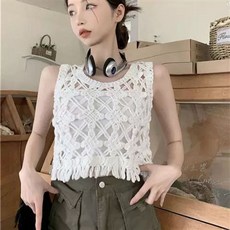 크로쉐뷔스티에 모티브 손뜨개조끼 화이트 시스루 조끼 뜨게