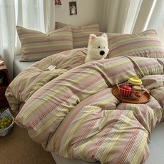 사계절 스트라이프 고밀도 부드러운 침구세트 체크 극세사 이불커버+침대시트+베개커버 세트