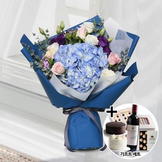 꽃다발 선물 기념일 GIFT 세트상품 (블루수국 b-0066) 케이크 빼빼로 샴페인 초콜릿 사탕 전국당일배송 생일 생신 어버이날 선물 카네이션, + 샴페인(무알콜), 고급