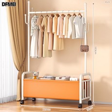 DFMEI 衣帽架落地臥室掛衣架家用室內輕奢可移動多功能宿舍收納衣服掛架, 120cm白架【加厚耐磨橙色皮兜】衣帽掛鉤萬向輪+送調平底腳