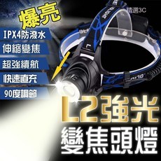 L2變焦強光頭燈，IPX4防水，90度調節，伸縮變焦，超強續航，快速直充, 676藍色, 1個