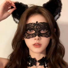 레이스 가면 동물머리띠 초커목걸이 여성 코스프레소품 3종 세트