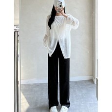 여성 허리밴딩 와이드 바지 여름 얇은 쿨링 정장 캐주얼 블랙 통 A29Z2S ible1