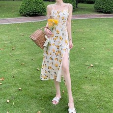 碎花開叉中長連衣裙