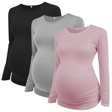 Ecavus 3팩 여성용 임산부 튜닉 상의 긴소매 돋보이는 옆면 주름 장식 셔츠 그레이/라이트 핑크/블랙 S 120731