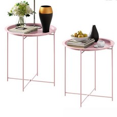 Elitehouse 엔드 테이블 2개 세트 핑크 야외 사이드 테이블 작은 파티오 원형 접이식 금속 사이드 테이블 야외 거실 침실 발코니 및 사무실용 2개, Pink