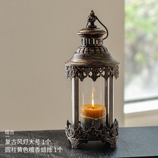 台灣暢銷 歐式復古鐵藝燭臺擺件 戶外防風玻璃燈 浪漫燭光晚餐落地燭臺 蠟燭擺件, 復古風燈大號+圓柱黃色檀香蠟燭