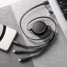 3릴타입 갤럭시 핸드폰 고속 충전선 휴대폰 c타입 USB 케이블, 비즈 3in1 고속충전 릴케이블-블랙