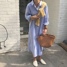 임산부용 스트라이프 셔츠형 롱 원피스 오버핏 박시 데일리룩 집앞 외출복 puu+6930oP