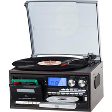 내장 스피커 AMFM 라디오 CD 및 카세트 USBSD 미디어 플레이어 리모컨 보조 입력 RCA 출력 헤드폰 잭이 포함된 9-in-1 레트로 블루투스 턴테이블 레코드, Dark Brown