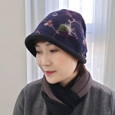 Jjnine 加厚刺繡豆豆頭巾中年女士冬季防寒帽頭巾女帽
