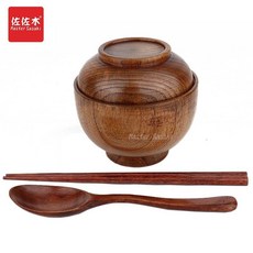 熱銷 復古風手工整木實木木頭套碗 多用碗兒童碗 奶茶碗 泡麪木碗帶蓋 木碗, 約直徑12高10釐米整木+勺筷A, 1個