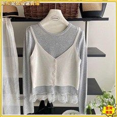 蕾絲邊撞色拼接疊穿長袖針織衫女春夏背心假兩件套上衣, 杏色均碼