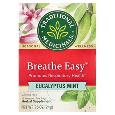 Traditional Medicinals Breathe Easy 유칼립투스 민트 카페인 무함유 개별 포장 티백 16개 24g(0.85온스), 1, 24g