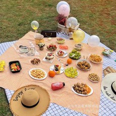 DFMEI 野餐墊戶外桌布露營地墊防潮布藝墊防加厚野餐地墊家用便攜野餐布, 橘色格子+花邊