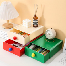 데스코 디자인 다용도 책상 정리함 문구 화장품 수납함 사무실 오거나이저 3단 구성, 1개, 그린+아이보리+레드